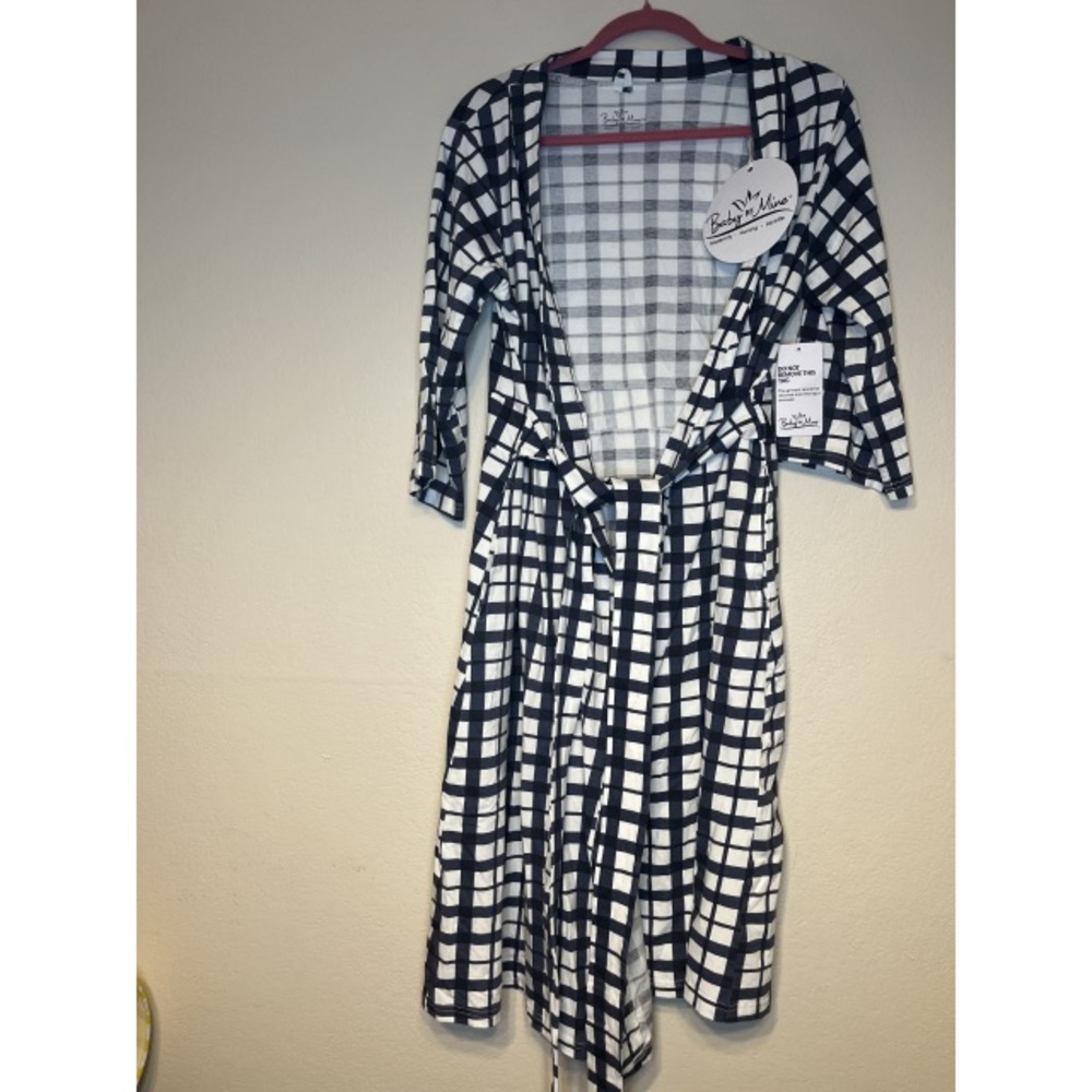BABY BE MINE navy blue / white gingham pregnancy / postpartum robe S/M NEW - Picture 6 of 12